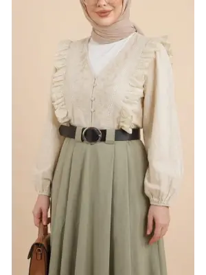 V Yaka Dantel Detaylı Nakışlı Balon Kol Keten Gömlek -Bej