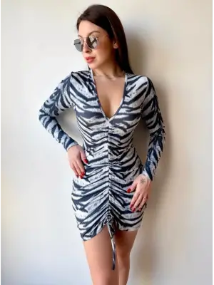 Omarı Zebra Desenli V Yaka Kadın Mini Elbise