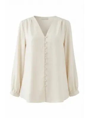 V Yaka Düğmeli Arkası Uzun Gömlek -Ekru