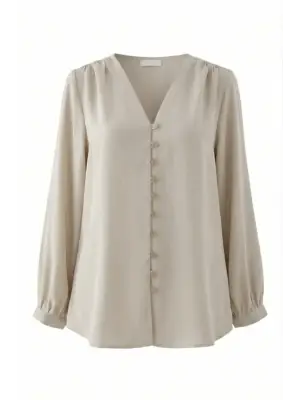 V Yaka Düğmeli Arkası Uzun Gömlek   -Krem