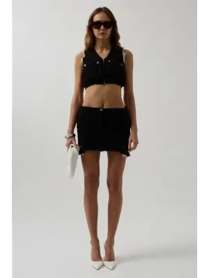 V Yaka Düğmeli Crop Yelek