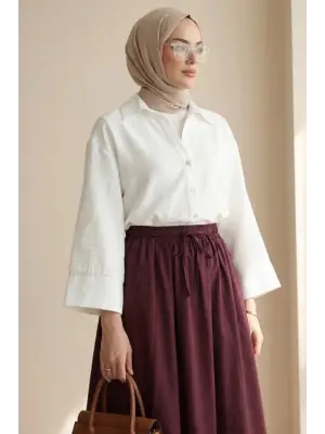 V Yaka Düğmeli Yarım Kol Modal Gömlek -Beyaz