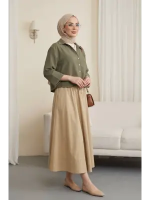 V Yaka Düğmeli Yarım Kol Modal Gömlek -Haki