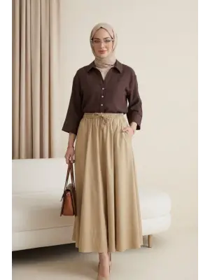 V Yaka Düğmeli Yarım Kol Modal Gömlek -K. Kahve