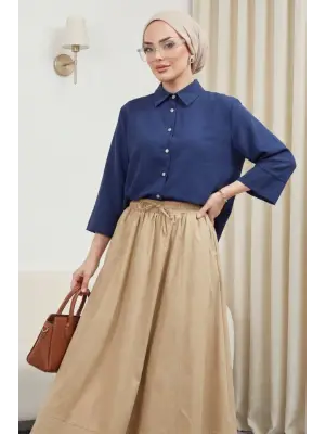 V Yaka Düğmeli Yarım Kol Modal Gömlek -Laci