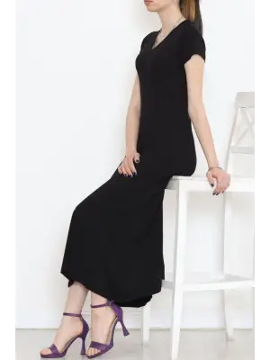 V Yaka Elbise Siyah
