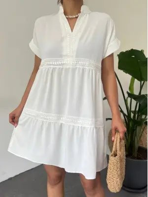 V Yaka Fistolu Ayrobin Elbise -Beyaz