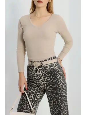 V yaka kaşkorse bluz bej a3699