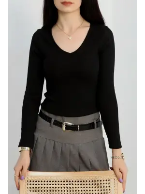 V yaka kaşkorse bluz siyah a3699