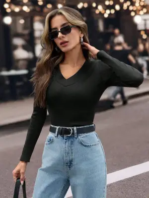 V yaka kaşkorse bluz siyah w3817