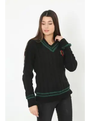 V Yaka Örgülü Kazak - Siyah