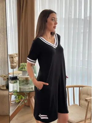 Omarı Kadın V Yaka Ribana Detaylı Cepli Viskon Elbise