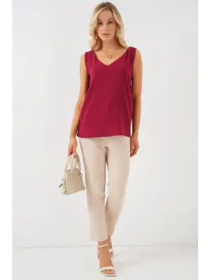 V Yaka Sıfır Kol Bluz 950 - Bordo