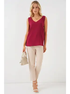 V Yaka Sıfır Kol Bluz 950 - Bordo