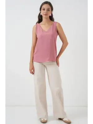 V Yaka Sıfır Kol Bluz 950 - Gül Kurusu