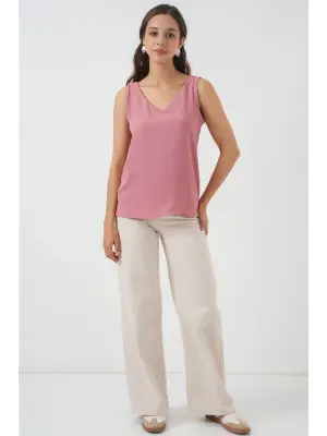 V Yaka Sıfır Kol Bluz 950 - Gül Kurusu