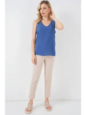 V Yaka Sıfır Kol Bluz 950 - İndigo