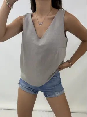 V Yaka Sıfır Kol  Keten Bluz    -Gri