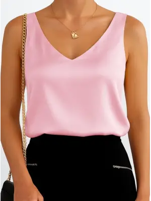 Omarı Şık V Yaka Saten Bluz - Pudra