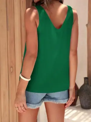 V Yaka Sıfır Kol Saten Bluz-Zümrüt