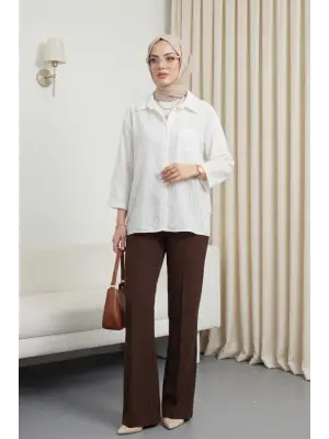 V Yaka Tek Cepli Tensel Yarı Transparan Çizgili Gömlek -Beyaz