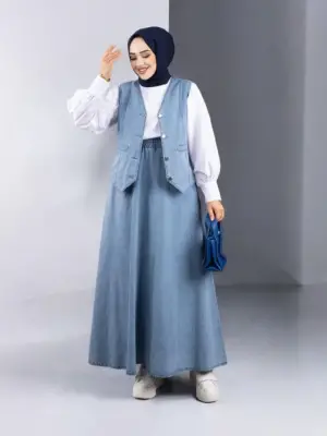 Buz Mavi V Yaka Yelekli Etekli Kot Takım Kadın Giyim