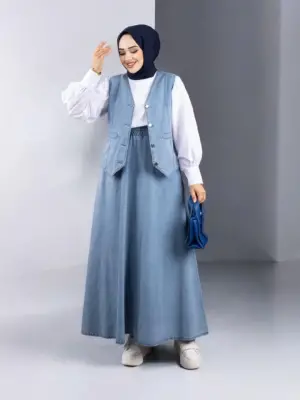 Omarı V Yaka Yelekli Kot Takım - Buz Mavi