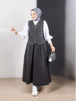 Füme V Yaka Yelekli Etekli Kot Takım Kadın Giyim