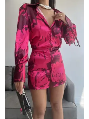 Vatkalı Manşet Detaylı Gömlek Elbise - Fuşya