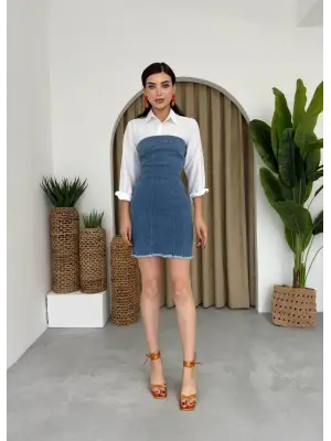 Şık Straplez Mavi Kot Mini Elbise