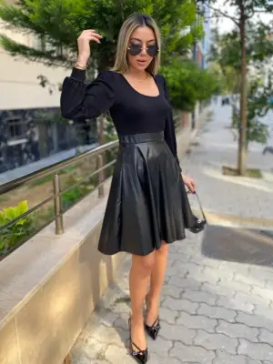 Omarı Deri Detaylı Kadın Uzun Kollu Elbise