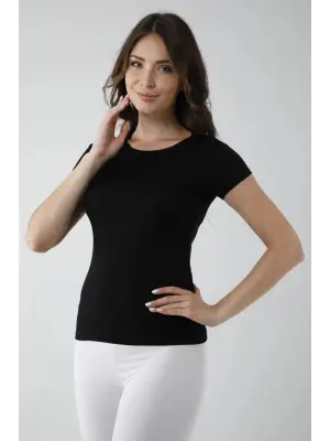 Omarı Yarım Kollu Siyah Açık Yaka Kadın Badi