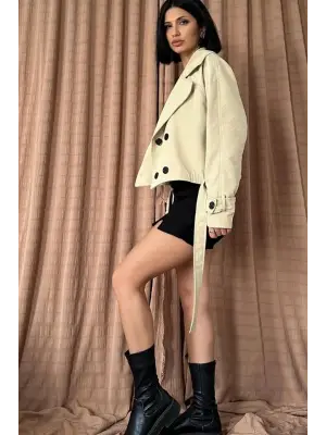 Şık Vizon Kemerli Kısa Trenç Ceket