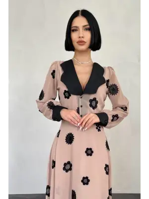 Omarı Vizon Renkli Nakış Detaylı Elbise