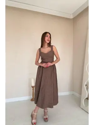 Omarı Vizon Rengi Yanları Büzgülü Elbise