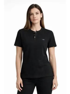 Waffle Dokulu Likralı Henley Yaka Düğmeli Regular Kısa Kollu T-Shirt - Siyah