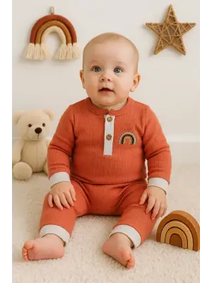 Waffle Gökkuşağı Nakışlı Erkek Bebek Tulumu
