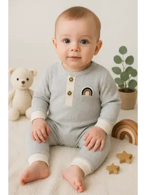 Waffle Gökkuşağı Nakışlı Erkek Bebek Tulumu