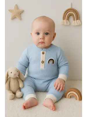 Waffle Gökkuşağı Nakışlı Erkek Bebek Tulumu