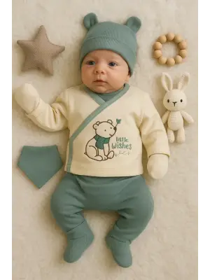 Waffle Natural % 100 Pamuk 5li Erkek Bebek Hastane Çıkış Seti