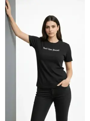 Wafıl Kumaş Tişört Regular Kalıp Bisiklet Yaka Baskılı Günlük Basic T-Shirt - Siyah