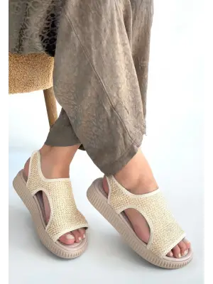 Bej Hasır Cilt Sandalet Kadın Giyim