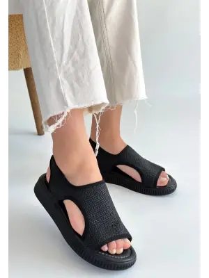 Siyah Hasır Cilt Sandalet Kadın Ayakkabı