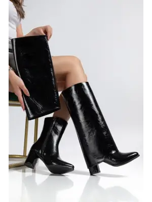 Siyah Parlak Topuklu Çizme Kadın Giyim