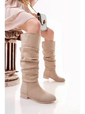 Bej Süet Körüklü Çizme Kadın Giyim