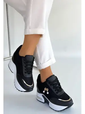 Wody Siyah Cilt Simli Bağcıklı Spor Ayakkabı