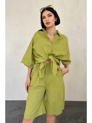 Yağ Yeşili Kısa Kollu Keten Gömlek Ve Şort Takım