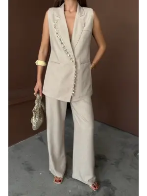 Omarı Yelek ve Pantolon Takımı - Midye Kabuğu Desenli Keten Kumaş - Ham