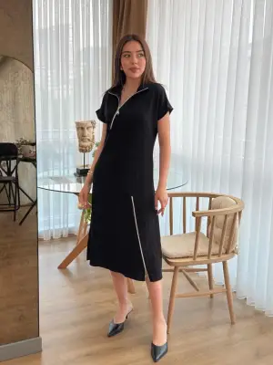 Omarı Etekten Fermuarlı Viskon Midi Elbise