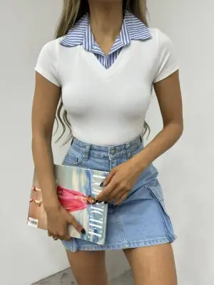 Yakalı Ottoman Yakalı Bluz  -Beyaz